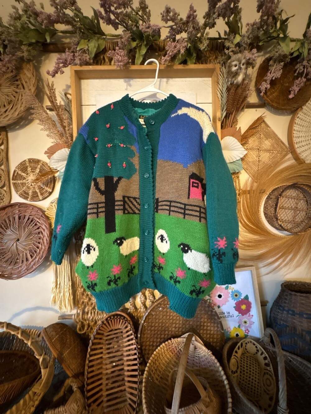 Eileen Young Wool Scenic Sheep Cardigan Irish Landscape Sweater